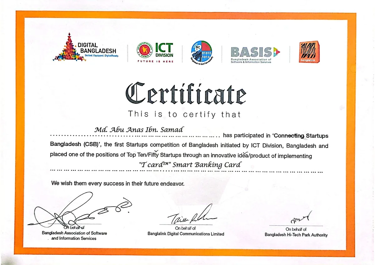 Connecting Startups Bangladesh — Top 25 Emerging Startups - Top 50 National Certificate