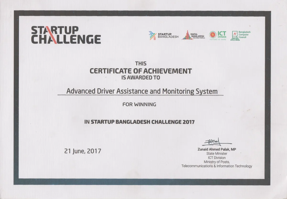 Startup Bangladesh Challenge Award - Award Certificate